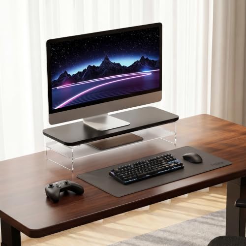 Image of Fenge 23.6 inch Dual Monitor Stand with Clear Acrylic Legs, Black | Clear Acrylic, Storage Compartment, 2-tier Home Office Monitor Riser, Desktop Shelf Fit Monitor /Laptop /Printer