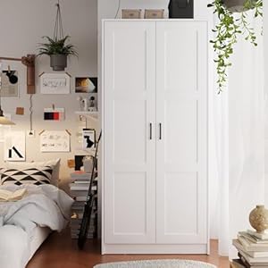 Fddevelop Wood White Wardrobe Closet with 2 Doors,Bedroom Freestanding Armoire Storage Cabinet with Shelves,Wooden Wardrobe Combination for Hanging Clothes (White) Fddevelop Wood White Wardrobe Closet with 2 DoorsBedroom Freestanding Armoire Storage Cabinet with ShelvesWooden Wardrobe Combination for Hanging Clothes White