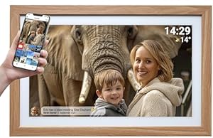 Denver PFF-2162LW Digitaler Wi-Fi Bilderrahmen – 21,5 Zoll Full HD IPS Touchscreen, Integrierte FRAMEO Software, Dual-Band Wi-Fi, Timer-Funktion, Holzrahmen hell