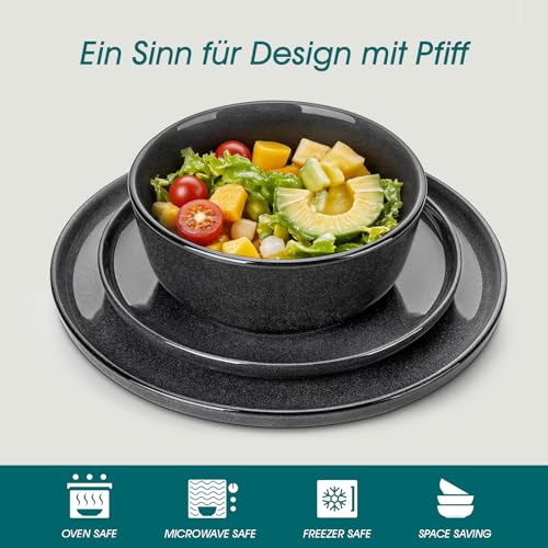 Steingut Geschirrset 6 Personen, vancasso ANYA Grau Teller Set Modern 18 teilig,Tafelservice mit Speiseteller, Desserttellern und Schüsseln, Geschirr Set Spülmaschinen und Mikrowellenfest
