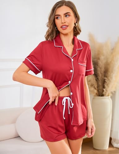 Image of Pajama Set for Women 2 Piece Sleepwear Short Sleeve Button Down Pj