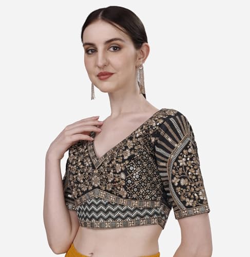 Image of Pujia Mills Mills Women's Fancy Readymade Heavy Coding Embroidary Worked Half Sleeve Multicolor Saree Blouse(Mushroom)