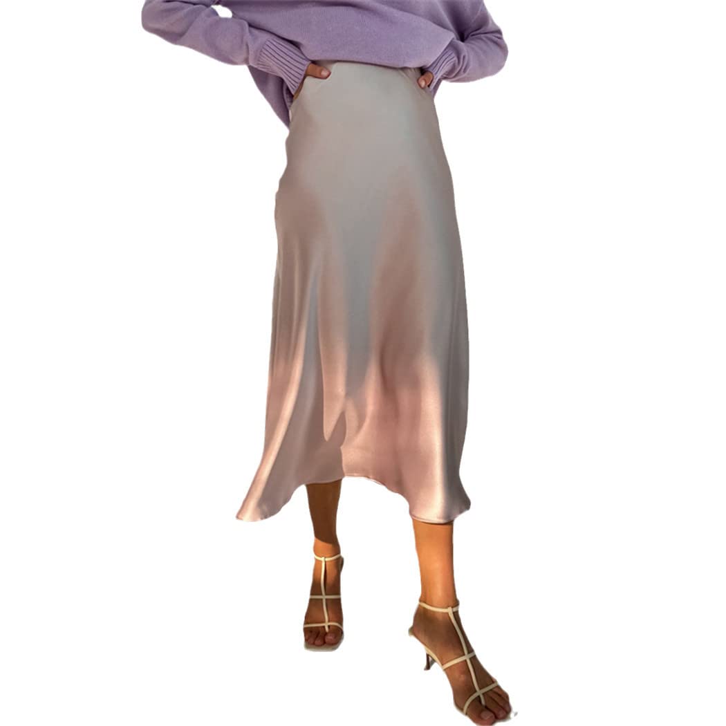 Jupe taille haute en satin de soie pour femme - Jupe élégante d'été rose midi de style coréen, champagne, 48