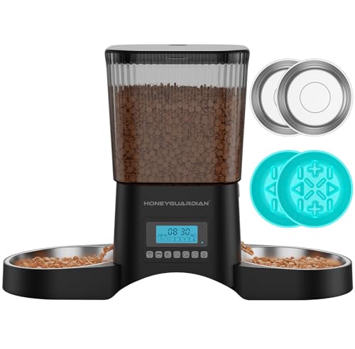 HoneyGuaridan Distributore Automatico Cibo Gatti, 3.5L Dispenser Crocchette Gatto con Timer, Programmable Porzione(6 Pasti/Giorno), Avviso vocale per i pasti, Doppia Alimentazione, piedini antiscivolo