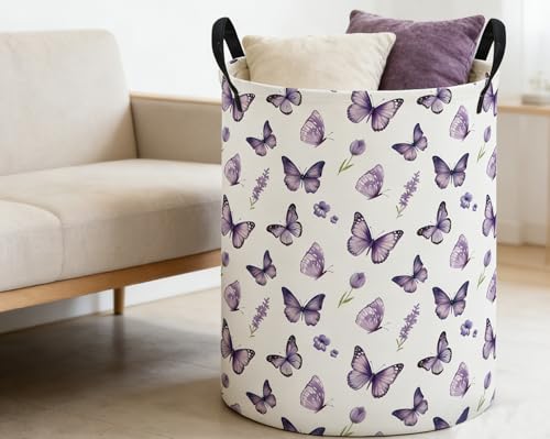 Image of ESSME Kids Laundry Basket,Butterfly Hamper Collapsible Canvas Waterproof Storage Bin for Girls, Cute Hamper,Gift Baskets(Purple butterfly)