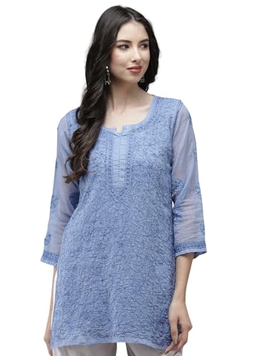 Image of Ada Women's Cotton Blend Regular Fit Tunic Hand Embroidered Lucknowi Chikankari Kota Western Top Kurti With Slip A911184