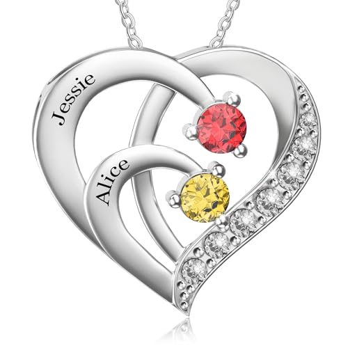 Easycosy Collar Personalizado con Nombre Grabado, Colgante de Corazón con Piedras de Nacimiento, Collar de Mujer en Plata 925, Idea Regalo para Mujer, Mamá, Pareja, Amigo