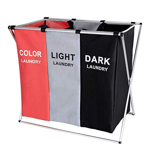 BRIGHTSHOW 135L Laundry Cloth Hamper Sorter Basket Bin Foldable 3 Sections with Aluminum