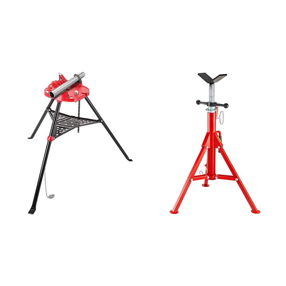 Pipe Stand Tripod Chain Vise 1/8"-6" Capacity, Portable Foldable Steel Legs, Pipe Jack Stands w/ Tool Tray, Robust Steel Heavy-Duty Construction | Adjustable Height Range, Secure Stability