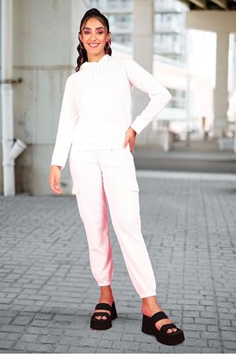 Image of POPWINGS Casual Self Design Solid Sweatshirt and Joggers Co-Ords Set for Women | Trendy Stylish Top and Bottom Set for Women | Women Hooded Sweatshirt and Joggers Set | Women Co Ords Set Summer Wear