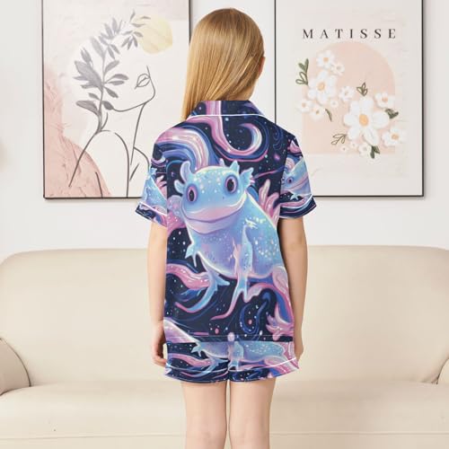 Satin Pajama Sets Short Sleeve Starry Axolotl Dreamy Swirls Button Down Silky Nightwear 2 Piece PJS 5-14Y4