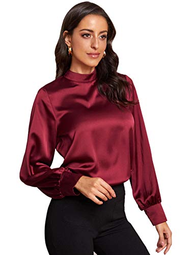 Verdusa Women's Elegant Mock Neck Long Sleeve Satin Blouse Top Burgundy S