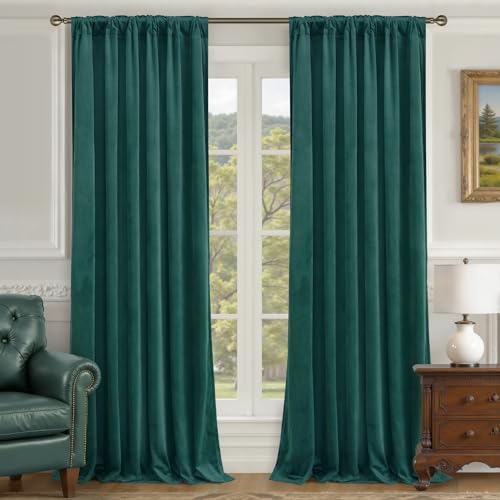 LAMIT Velvet Curtains 96 Inch Length for Living Room, Teal Thermal Room Darkening Panels Luxury Privacy Protected Back Tab and Rod Pocket Drapes for Bedroom/Room Decor, 2 Panels, 52 x 96 Inch