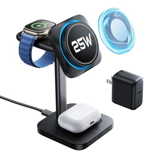 ESR 3in1 充電器 Qi2.2認証25W magsafe充電器(CryoBoost冷却ファン搭載) 冷却ワイヤレス充電器 iPhone 17/16/15/14/13/12シリーズ AirPods Apple Watch対応 ブラック