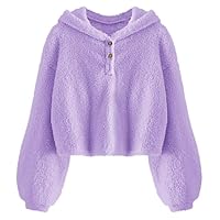 Imily Bela Kids Girl's Fuzzy Hoodies Warm Loose Button Down Pullover Sherpa Jacket Top(Purple,11-12 Years)