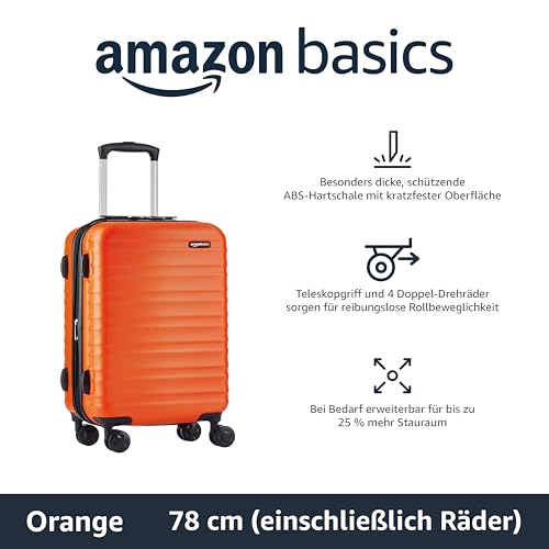 Amazon Basics Erweiterbarer Hartschalenkoffer – ABS-Reisegepäck mit 4 Spinner-Doppelrollen – Kratzfeste und leichte Konstruktion – 52,6cm x 32,0cm x 78,0cm – Gebranntes Orange