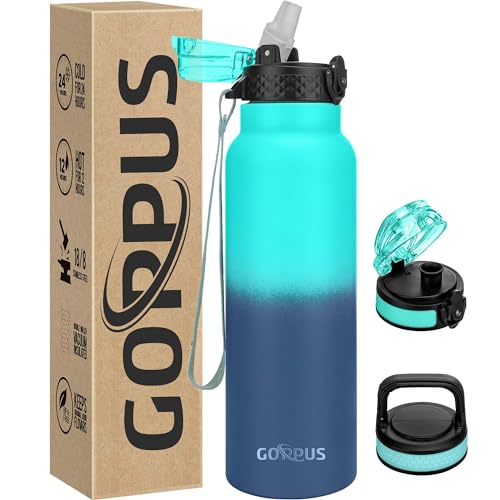GOPPUS 750ml/26oz Stainless Water Bottle with Straw Double Wall Insulated Bottles with Strap Reusable Vacuum Thermal Flask Leakproof Keep Cold Drinks Bottles with Flip Top Lid for Men Women BPA Free