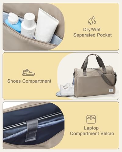 Image of Travel Duffel Bags for Women Mens, Weekender Bag with Shoe Compartment Carry on Overnight Bag with Laptop Compartment Personal Item Travel Bag Gym Bag Hospital Bag Khaki