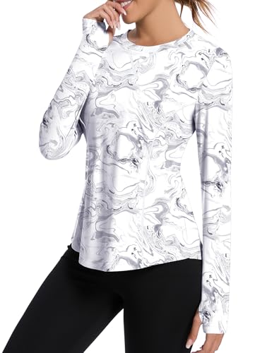 Avoogue Athletic Long Sleeve Tops for Women UPF 50+ Sun Protection Workout Shirts Moisture Wicking Lightweight Hiking Running Shirt(Black White,L)