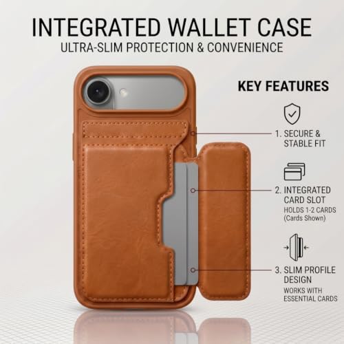 Image of amazon basics Luxury Vegan Leather Back Cover for iPhone 17 Air | Built-in Card Holder Slot | Integrated Mobile Stand | Slim Shockproof Protective Case with Stitched Finish - Tan