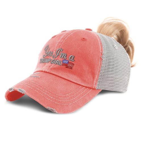 Womens Ponytail Cap Yes Im A Trump Girl Humor Woman Cotton Republican Distressed Trucker Caps Coral Design Only