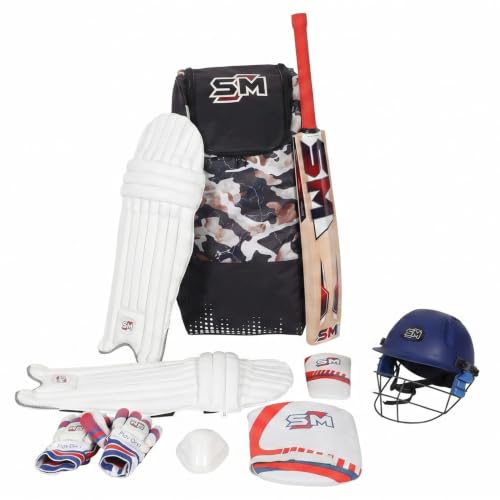 Image of SM Warrior Complete Cricket Kit for Men | Cricket Set | 8-Piece: Kashmir Willow Bat + Moulded Helmet + Calf Skin Gloves + Pads + Kit Bag + Thigh + Arm + Abdominal Guard | Mid-Range Club | Size SH