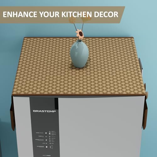Image of Kuber Industries Velvet Polyester Fridge Cover Top with 6 Utility Side Pockets | Freeze /Refrigerator Cover Single Door | Fridge Top Organizer | Quilted Ultra Sonic - Brown