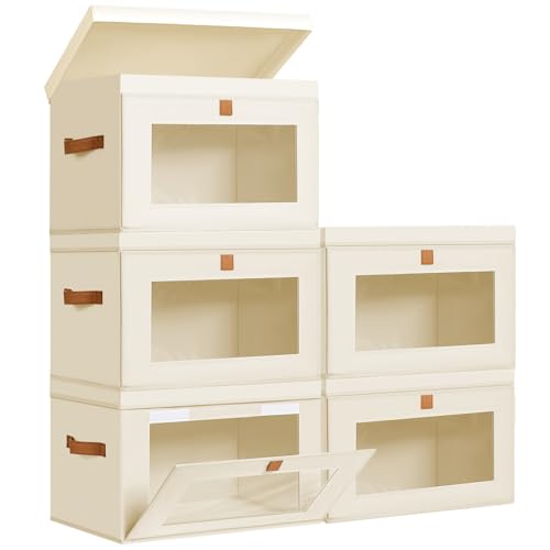 Image of DIMJ Storage Bins with Lids - 5 Pack Fabric Closet Organizer with Window & Handles, Collapsible Decorative Storage Boxes for Shelves Under Bed, Books Clothes Blankets Sweaters Organization