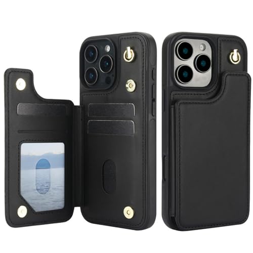 Étui portefeuille en cuir avec bandoulière et support iPhone 15 Pro Noir