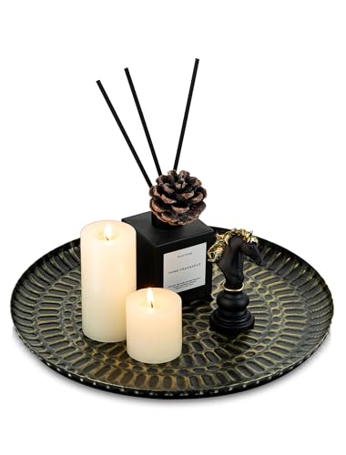 Romadedi Deko Tablett Schwarz Gold: Metall Hammered Dekotablett Rund Kerzentablett für Wohnzimmer Esstisch Tischdeko Dekorative Teller Kerzenteller für Kerzen Decoration,30cm