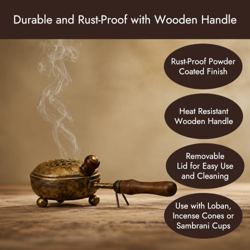 Image of ServDharm Dhoop Dani with Handle | Incense and Loban Burner Dhuni Stand for Home, Office and Temple Pooja | Metal Dhoop Dani Antique Gold, Round, 3.3 Inch |11.4 cm