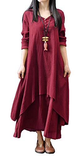 R.Vivimos Women Long Sleeve Cotton Casual Loose Plus Size Irregular Long Dresses (XL, Wine Red)