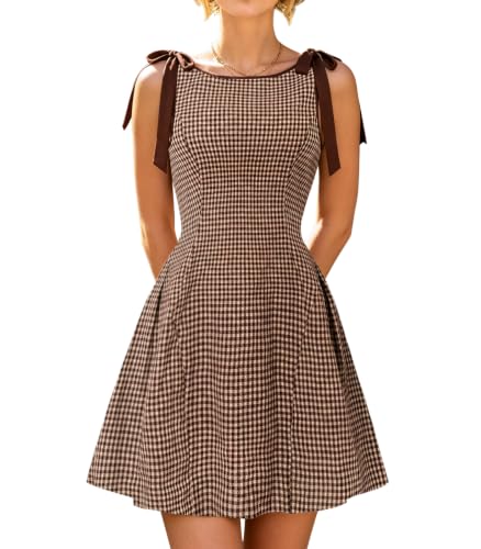 Image of RIHOAS Women's Plaid Gingham Dress Summer Mini Dresses for Women 2026 Brown | Cute,Boat Neck,Bow(non-adjustable),A line,Vintage,Sleeveless,Spring Fall,Casual Daily,Picnic,Travel,Vacation,Christmas