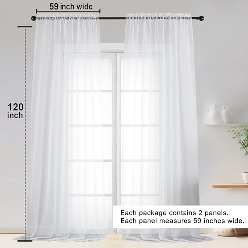 Image of OWENIE White Sheer Curtains 120 Inches Long 2 Panels Set, Airy Lightweight Sheer White Curtains for Living Room Bedroom, Farmhouse Voile Filmy Rod Pocket Curtain Drapes, 2 Pcs, Each 59 inch Wx120 L Inch