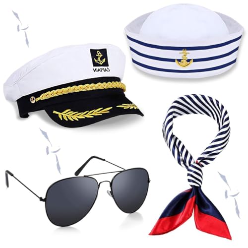 GraGra 4 Pcs Sailor Captains Hat Sunglasses and Scarf, Sailors Hat for Adults Captain Cap Sailor Costume Accessories, Adult Party Hats Navy Hat Sailors Outfit Men for Sea Yacht Party and Cosplay