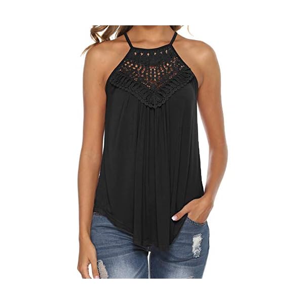 Bluetime-Womens-Summer-Halter-Spaghetti-Strap-Lace-Flowy-Tank-Tops-Cami-Shirts Bluetime Black Tank Top Women Spaghetti Strap Casual Cute Summer Shirts Blouses Country Concert Outfits Black L
