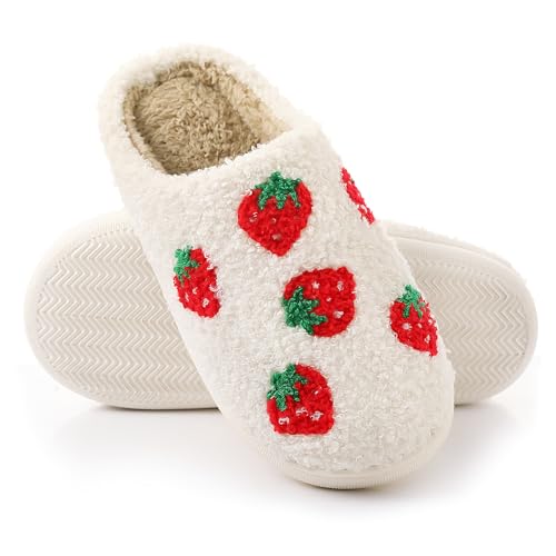 bolukets House Slippers for Women and Men, Retro Soft Warm Fuzzy Cherry Slippers, Casual Couple Fluffy Winter Strawberry Slippers for Indoor Bedroom