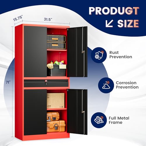 Image of Yizosh Metal Garage Storage Cabinet with Locking Doors and Adjustable Shelves,- 71 inch Tool Storage Cabinet with 1 Drawer for Garage,Office,Warehouse