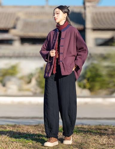 Women Winter Warm Quilted Pants Thick Cotton Casual Wide Leg Harem Pants Elastic Waist Lantern Trousers3