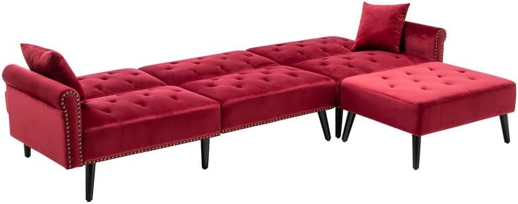 Palma Mid-Century Modern Sofa Bed with Ottoman and 2 Accent Pillows in Red Velvet