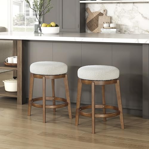 Lexicon Mid Century Swivel Counter Height Bar Stool, White Boucle Upholstered Seat & Solid Wood Frame, Backless, 360 Degree Swivel Stools Set of 2 for Kitchen Island and Home Bar Seating, Brown
