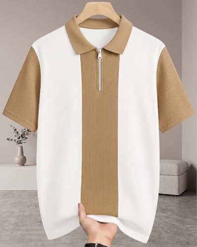 Image of AUSK Women's Zip Neck Polo T-Shirt | Half Sleeve Color Block Smart Casual Top | Ideal for Work, Travel Top for Womens