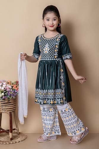 Image of New Badshah Dressesn Indian Ethnic Kids Girls Kurta Straight Pant with Silky Dupatta Dress Set, Cotton Rayon Fabric