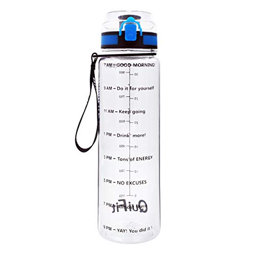 QuiFit 32 oz Motivational Water Bottle - with Time Marker & Flip Top Lid,Cycling Sport Water Bottle,Non-Toxic BPA Free,Leak-Proof,for Fitness and Outdoor Enthusiasts (Transparent)