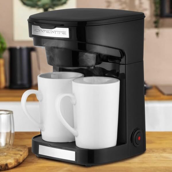 OVENTE Double Drip Coffee Maker with 2 Ceramic Mugs and Auto Shut Off, Small Dual Drip Coffee Maker Machine Works with Ground Coffee Only, Compact Kitchen or Office Essential, Black CMDD2MB