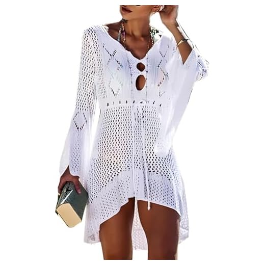 Jinsha Gestrickte Bikini Cover Up Strandponcho Strandkleid für Damen Sommer Pareos (White, M)