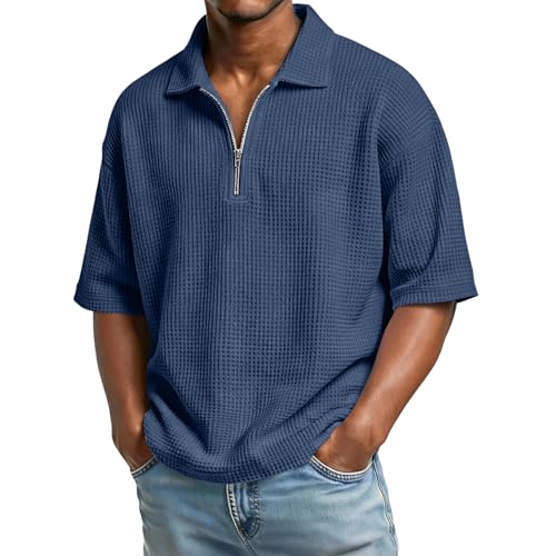 Mens Quarter Zip Golf Polo Shirts Casual Short Sleeve Waffle Textured Half Zip Pullover Sweater Top 2026 Spring Summer Lightweight Stand Collar Outdoor Sport Loose Fit Shirt 01-Dark Blue,XL