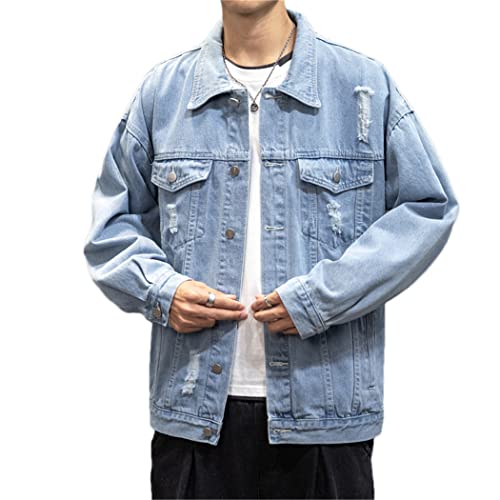 Spring Autumn Mens Denim Jacket Cotton Hole Jeans Coat Loose