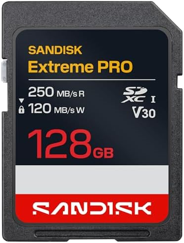 SANDISK Extreme PRO SDXC Speicherkarte 128 GB, bis zu 250 MB/s Lesen | V30, U3, C10, 4K UHD, Full HD, bis zu 120MB/s Schreiben, Backup + Transfer mit der SANDISK App