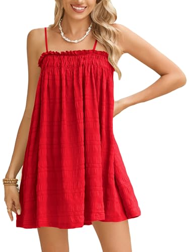 Image of MakeMeChic Women's Babydoll Dress Sleeveless Swing Shirred Mini Dresses | Beach, Summer, Sundress, Ruffle, Casual Dress, Flowy Dress